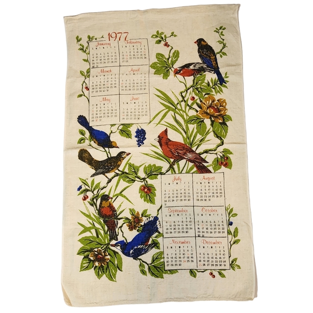 Vintage Birds Calendar Tea Towel 1977 Pre Owned Condition